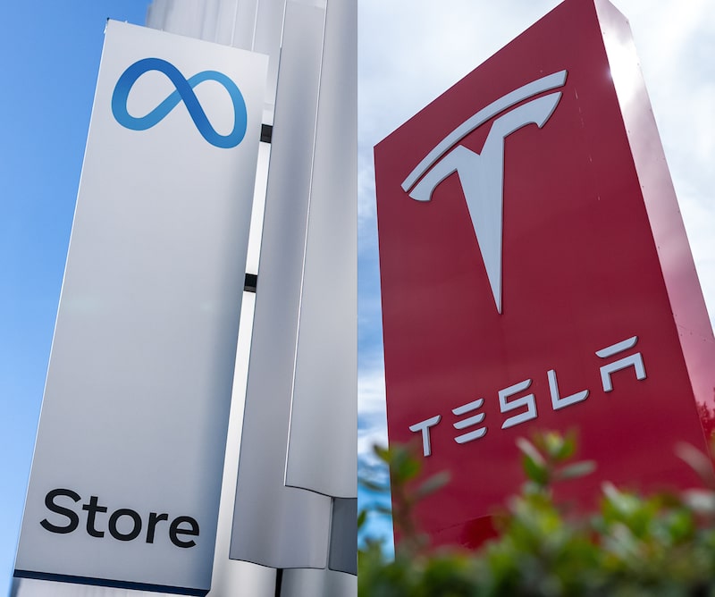 Logotipos de Meta y Tesla en las instalaciones de ambas compañías, cuyas acciones enfrentan presiones en Wall Street ante las dudas sobre la rentabilidad de sus inversiones tecnológicas. (Fotos de Bloomberg) Logotipos de Meta y Tesla en las instalaciones de ambas compañías, cuyas acciones enfrentan presiones en Wall Street ante las dudas sobre la rentabilidad de sus inversiones tecnológicas. (Fotos de Bloomberg)