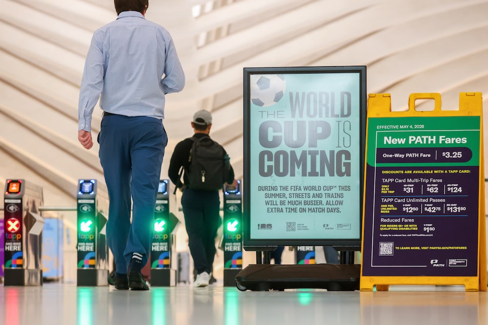 Signage for the FIFA World Cup at the World Trade Center PATH train station in New York, US, on Thursday, May 21, 2026. A thousand New Yorkers will win $50 tickets to the FIFA World Cup in June and July, giving them a way around sky-high prices that have stirred anger among soccer fans. Photographer: Michael Nagle/Bloomberg Signage for the FIFA World Cup at the World Trade Center PATH train station in New York, US, on Thursday, May 21, 2026. A thousand New Yorkers will win $50 tickets to the FIFA World Cup in June and July, giving them a way around sky-high prices that have stirred anger among soccer fans. Photographer: Michael Nagle/Bloomberg