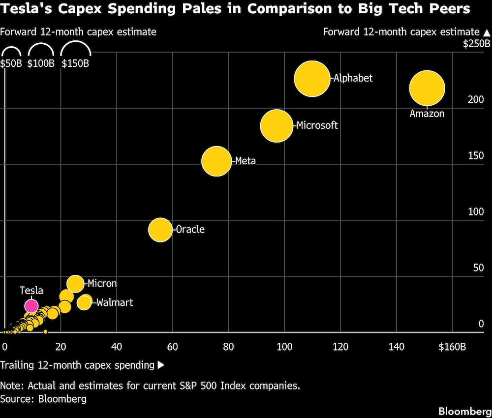 Tesla's Capex Spending Pales in Comparison to Big Tech Peers. Tesla's Capex Spending Pales in Comparison to Big Tech Peers.