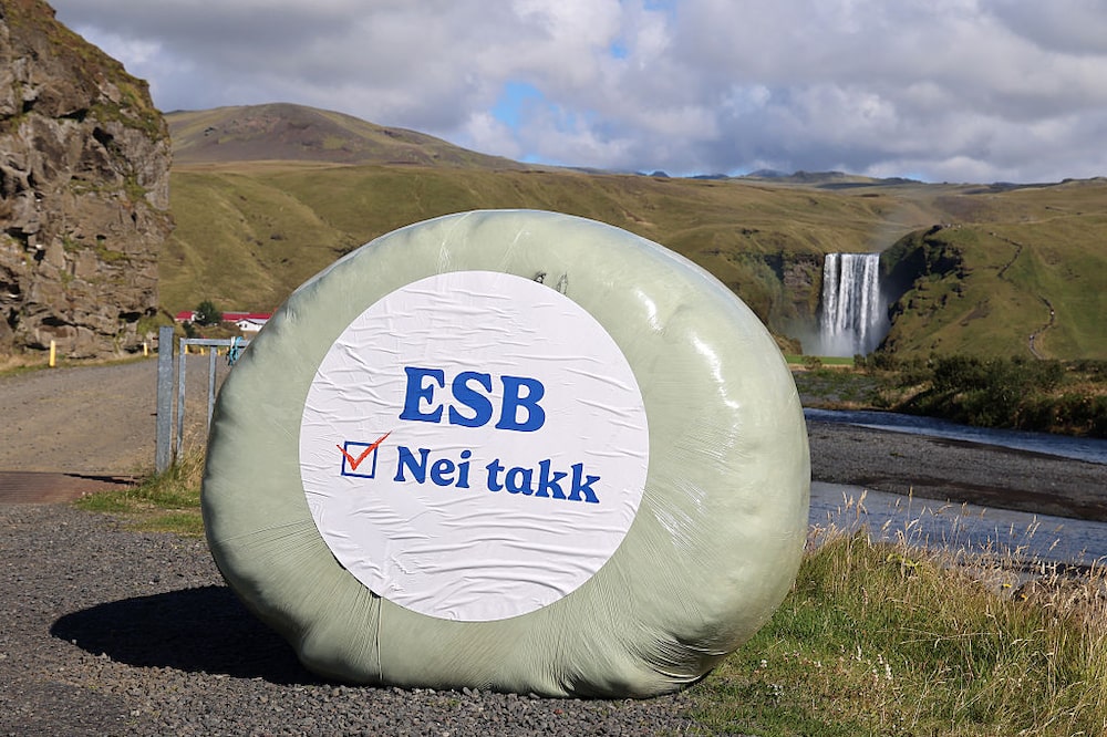 REYKJAVIK, ICELAND - AUGUST 28: Farmers near Skogafoss display hay bales with the anti-EU message "no thanks" on August 29, 2026 in Reykjavik, Iceland. Iceland is holding a referendum on August 29th on whether it will restart talks to join the European Union. An affirmative vote would green-light negotiations with Brussels, but a second referendum would need to be held to approve a final membership deal. The bloc's 27 member countries would have to approve the terms, too. A No vote in this referendum would shelve talks for the foreseeable future. (Photo by Micah Garen/Getty Images) REYKJAVIK, ICELAND - AUGUST 28: Farmers near Skogafoss display hay bales with the anti-EU message "no thanks" on August 29, 2026 in Reykjavik, Iceland. Iceland is holding a referendum on August 29th on whether it will restart talks to join the European Union. An affirmative vote would green-light negotiations with Brussels, but a second referendum would need to be held to approve a final membership deal. The bloc's 27 member countries would have to approve the terms, too. A No vote in this referendum would shelve talks for the foreseeable future. (Photo by Micah Garen/Getty Images)
