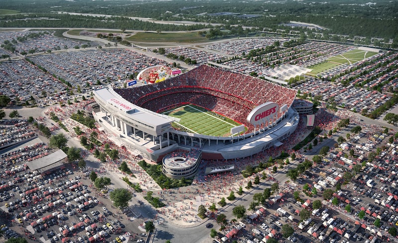 O Arrowhead Stadium, casa do Kansas City Chiefs: time negocia mudança para uma nova arena a ser construída O Arrowhead Stadium, casa do Kansas City Chiefs: time negocia mudança para uma nova arena a ser construída