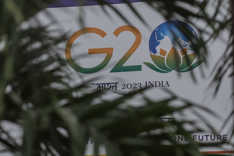 Logo do G20 em encontro na Índia: país asiático ocupa a presidência rotativa do bloco neste ano (Foto: Dhiraj Singh/Bloomberg) Logo do G20 em encontro na Índia: país asiático ocupa a presidência rotativa do bloco neste ano (Foto: Dhiraj Singh/Bloomberg)