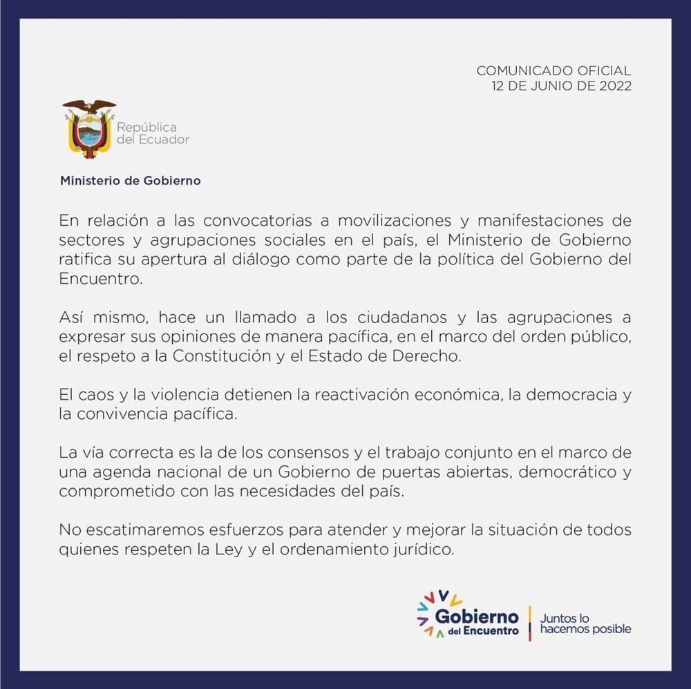 Comunicado del Ministerio de Gobierno. Comunicado del Ministerio de Gobierno.