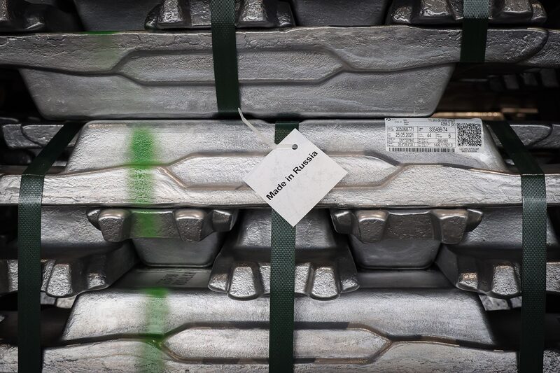 A 'Made in Russia' tag on a bound stack of aluminium ingots in Sayanogorsk, Russia. A 'Made in Russia' tag on a bound stack of aluminium ingots in Sayanogorsk, Russia.