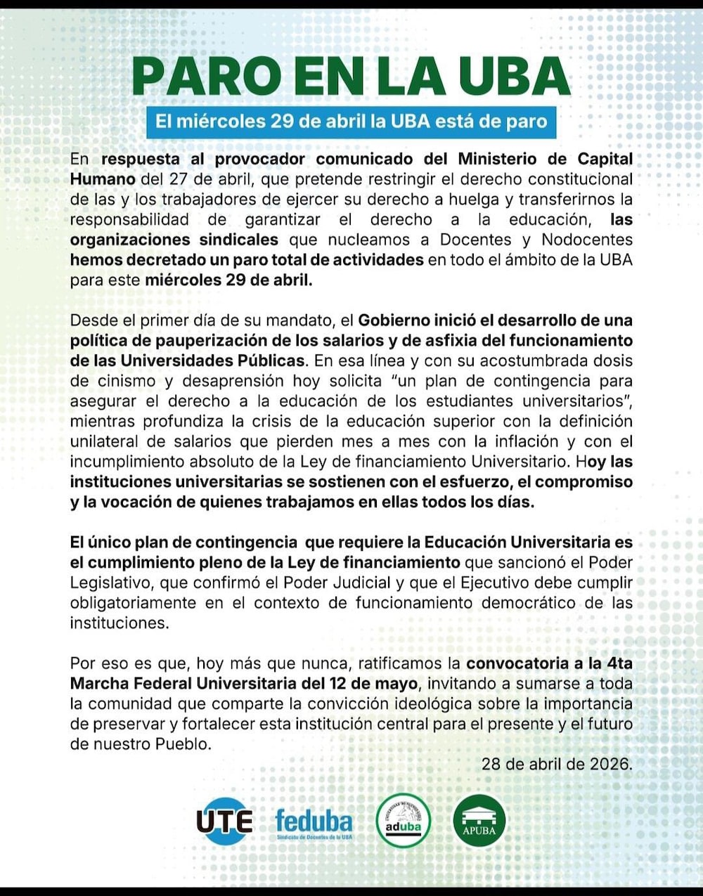 Paro en la UBA este miércoles. Paro en la UBA este miércoles.