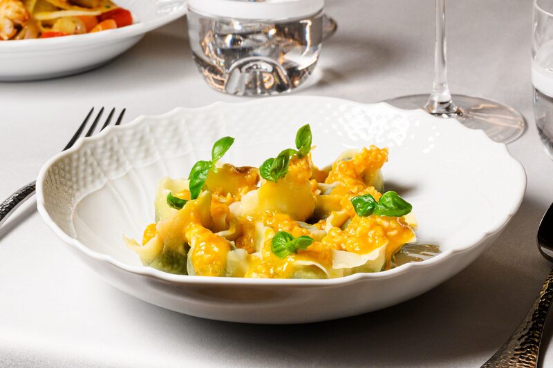 Pansoti portofino con salsa de langostinos en la Langosteria del OWO. Pansoti portofino con salsa de langostinos en la Langosteria del OWO.