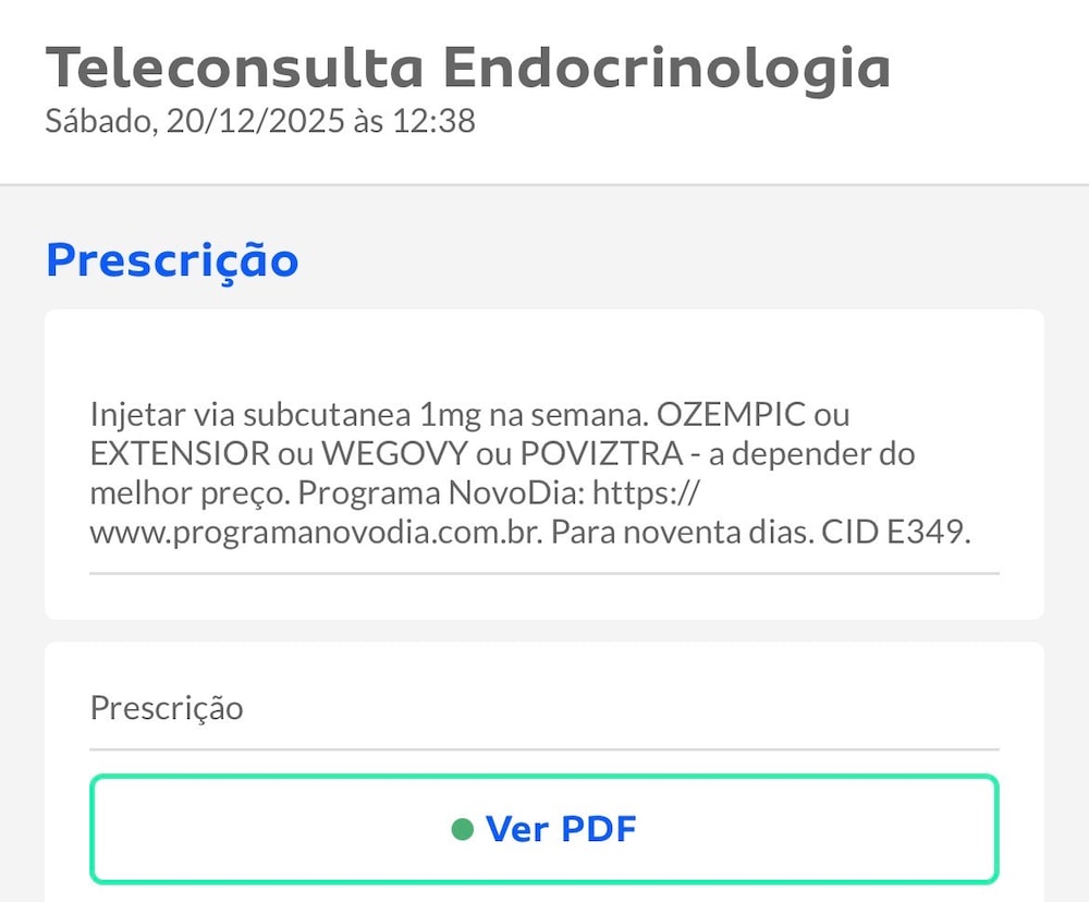 Receita médica cita quatro opções de semaglutida e orienta paciente a "depender do melhor preço" Receita médica cita quatro opções de semaglutida e orienta paciente a "depender do melhor preço"