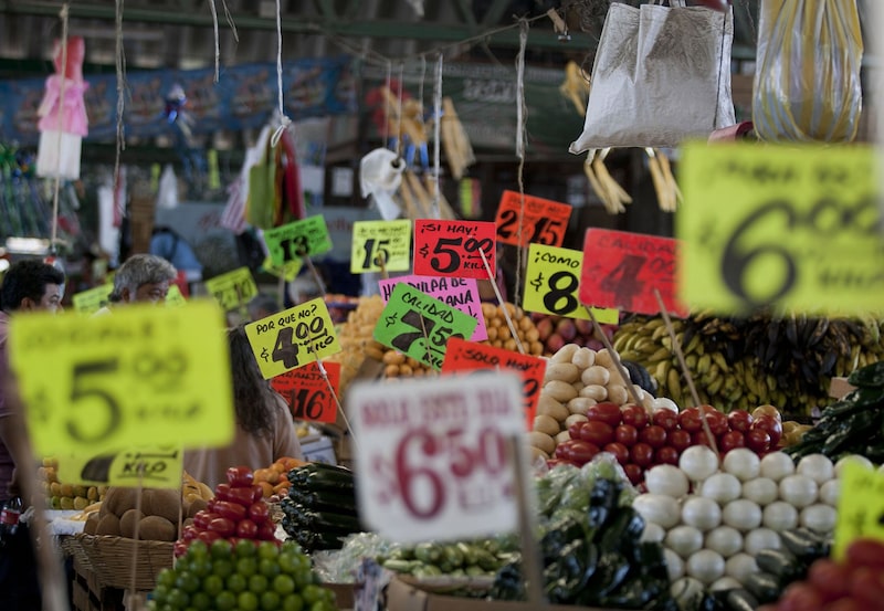 Fruit and vegetable prices are displayed at the Central de Abasto, the capital's main wholesale produce market, in the borough of Iztapalapa, Mexico City, Mexico, on Wednesday, April 4, 2012. The country's economy will expand 3.43 percent this year, up from March's forecast of 3.34 percent, according to 29 economists' estimates in a survey released by the central bank on April 2. Photographer: Susana Gonzalez/Bloomberg Fruit and vegetable prices are displayed at the Central de Abasto, the capital's main wholesale produce market, in the borough of Iztapalapa, Mexico City, Mexico, on Wednesday, April 4, 2012. The country's economy will expand 3.43 percent this year, up from March's forecast of 3.34 percent, according to 29 economists' estimates in a survey released by the central bank on April 2. Photographer: Susana Gonzalez/Bloomberg