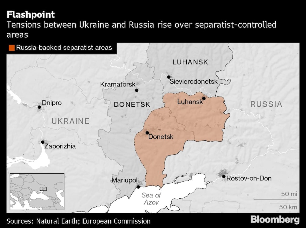 En rojo, las regiones de Donetsk y Luhansk, donde Rusia apoya a los separatistas En rojo, las regiones de Donetsk y Luhansk, donde Rusia apoya a los separatistas