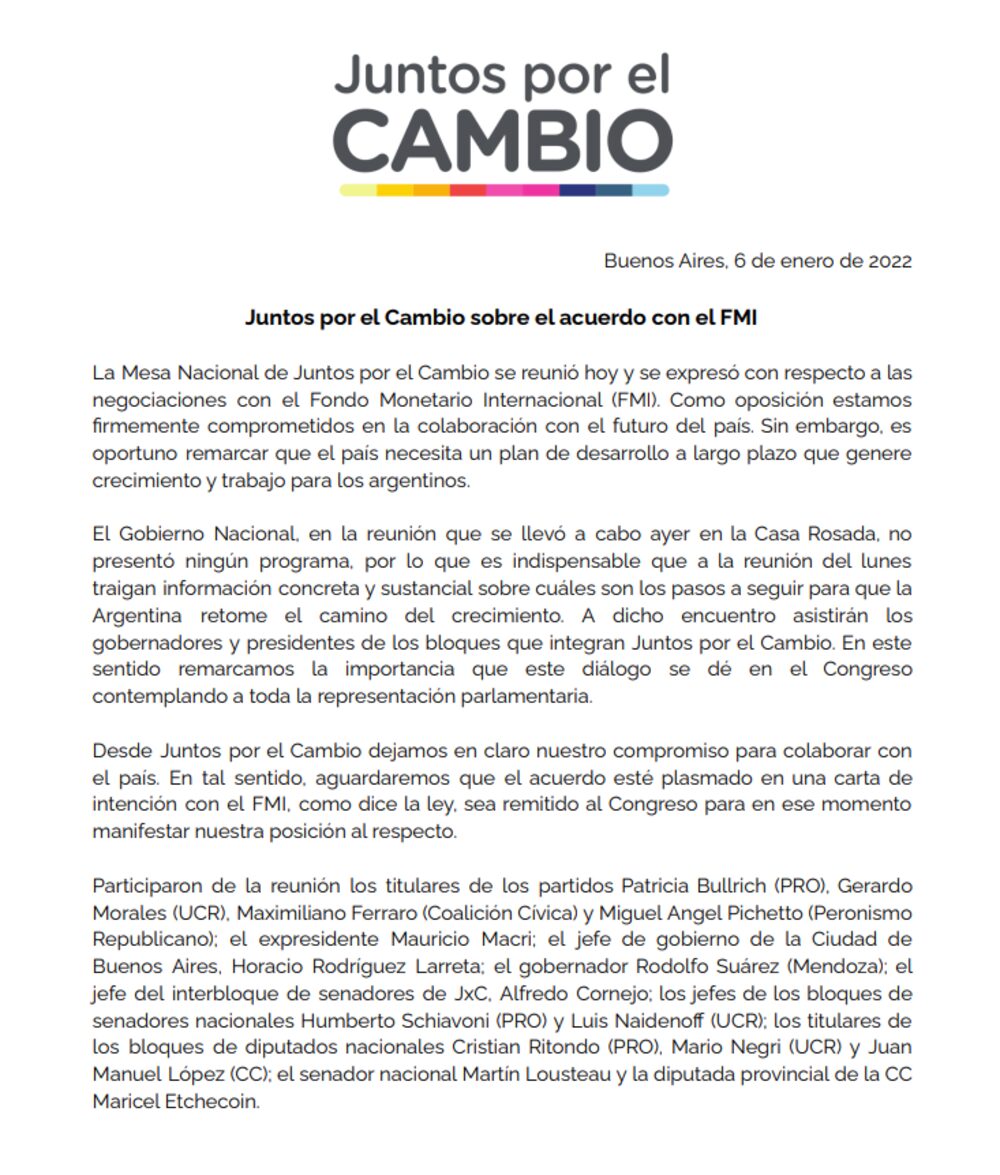 Documento difundido por el principal espacio opositor tras el encuentro de la mesa nacional Documento difundido por el principal espacio opositor tras el encuentro de la mesa nacional