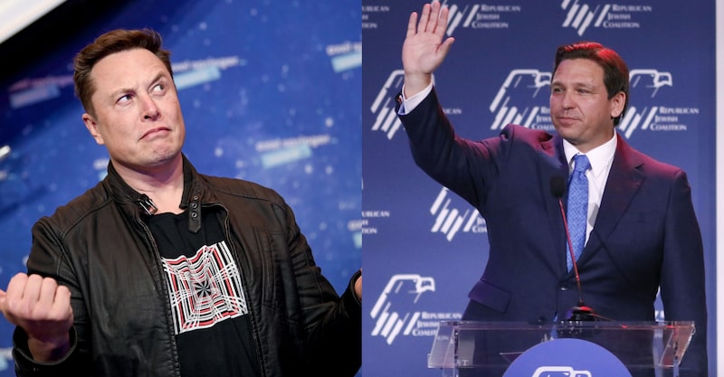 On the left, South African-American tycoon Elon Musk. On the right, Republican Ron DeSantis. On the left, South African-American tycoon Elon Musk. On the right, Republican Ron DeSantis.