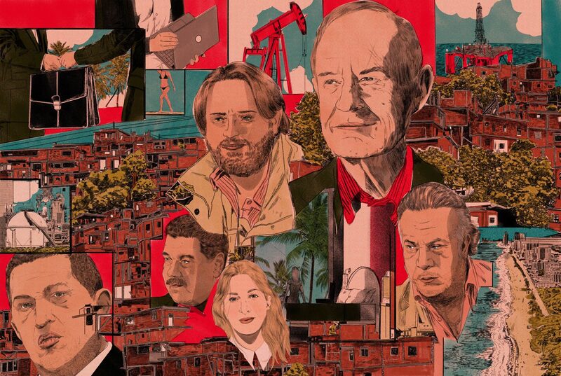 De izquierda a derecha: Hugo Chávez, Nicolás Maduro, Francisco Henrique Morillo, Vanessa Acosta Friedman, David Boies, Wilmer Ruperti. Ilustración: Nicole Rifkin De izquierda a derecha: Hugo Chávez, Nicolás Maduro, Francisco Henrique Morillo, Vanessa Acosta Friedman, David Boies, Wilmer Ruperti. Ilustración: Nicole Rifkin