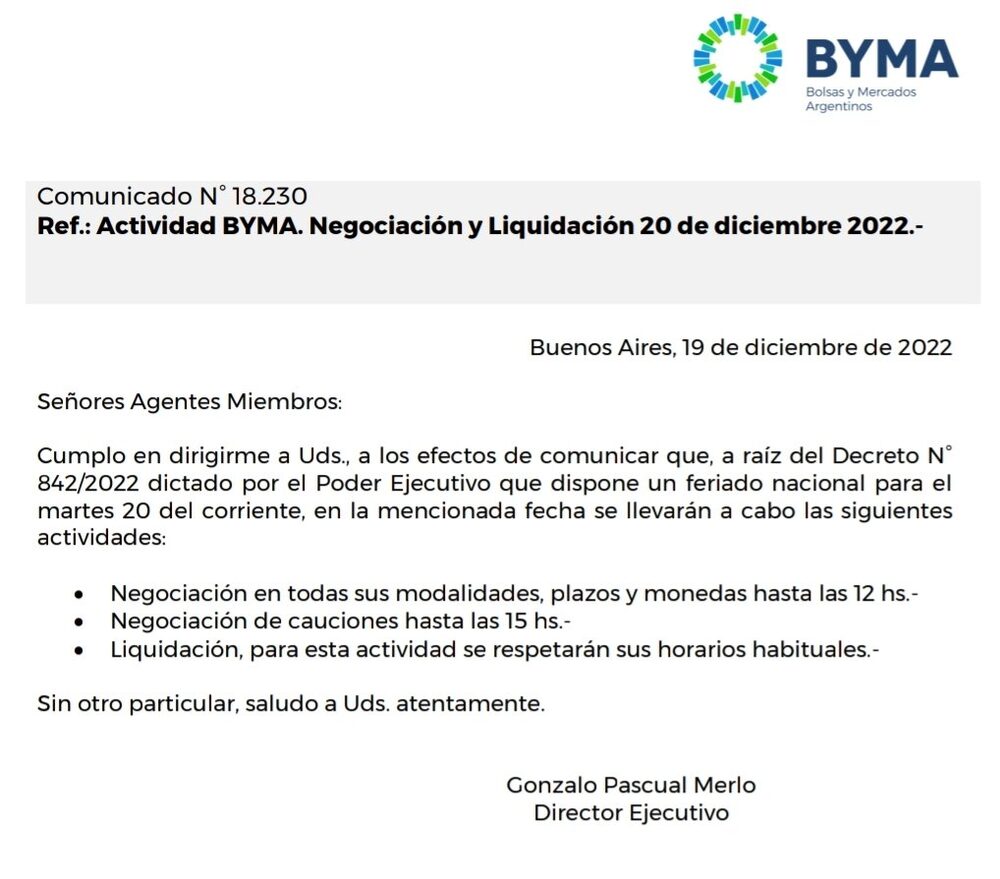 El comunicado de BYMA El comunicado de BYMA