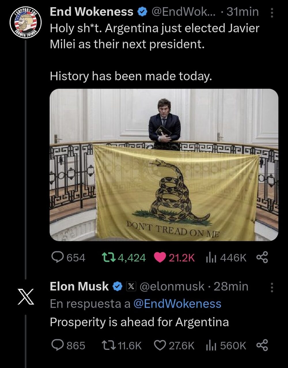 La publicación de Elon Musk sobre Javier Milei La publicación de Elon Musk sobre Javier Milei