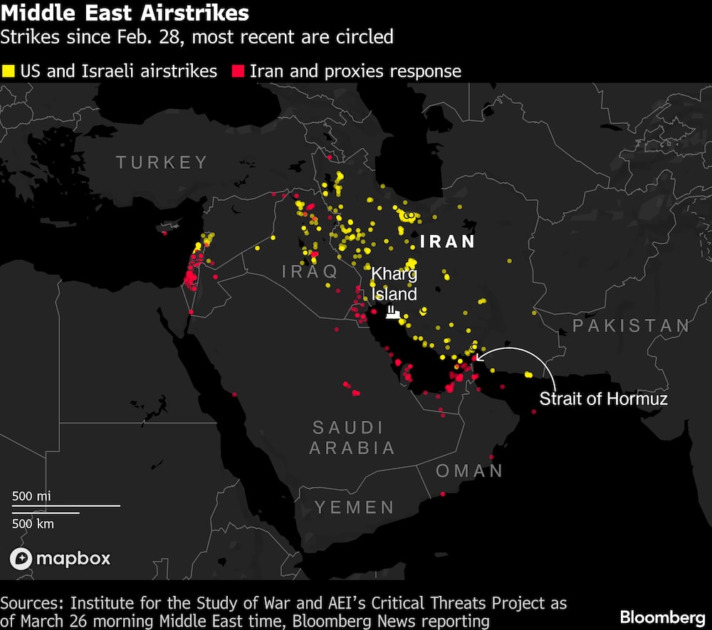 Los ataques desde el 28 de febrero; los más recientes están marcados con un círculo. Los ataques desde el 28 de febrero; los más recientes están marcados con un círculo.