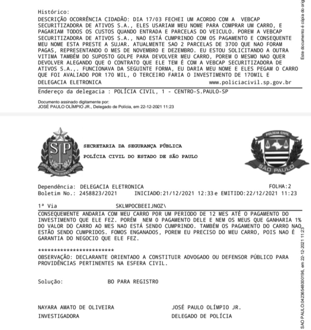 Boletim de ocorrência registrado por gerente de conta, cliente de securitizadora de Campinas Boletim de ocorrência registrado por gerente de conta, cliente de securitizadora de Campinas