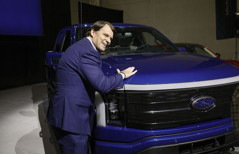 Ford CEO Jim Farley with an F-150 Lightning. Ford CEO Jim Farley with an F-150 Lightning.
