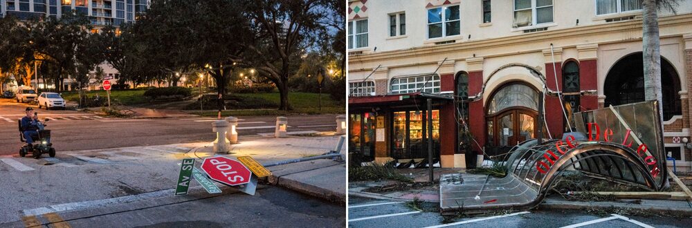Un residente fotografía una señal de tráfico dañada, el toldo de un restaurante se derrumba tras el huracán. Un residente fotografía una señal de tráfico dañada, el toldo de un restaurante se derrumba tras el huracán.