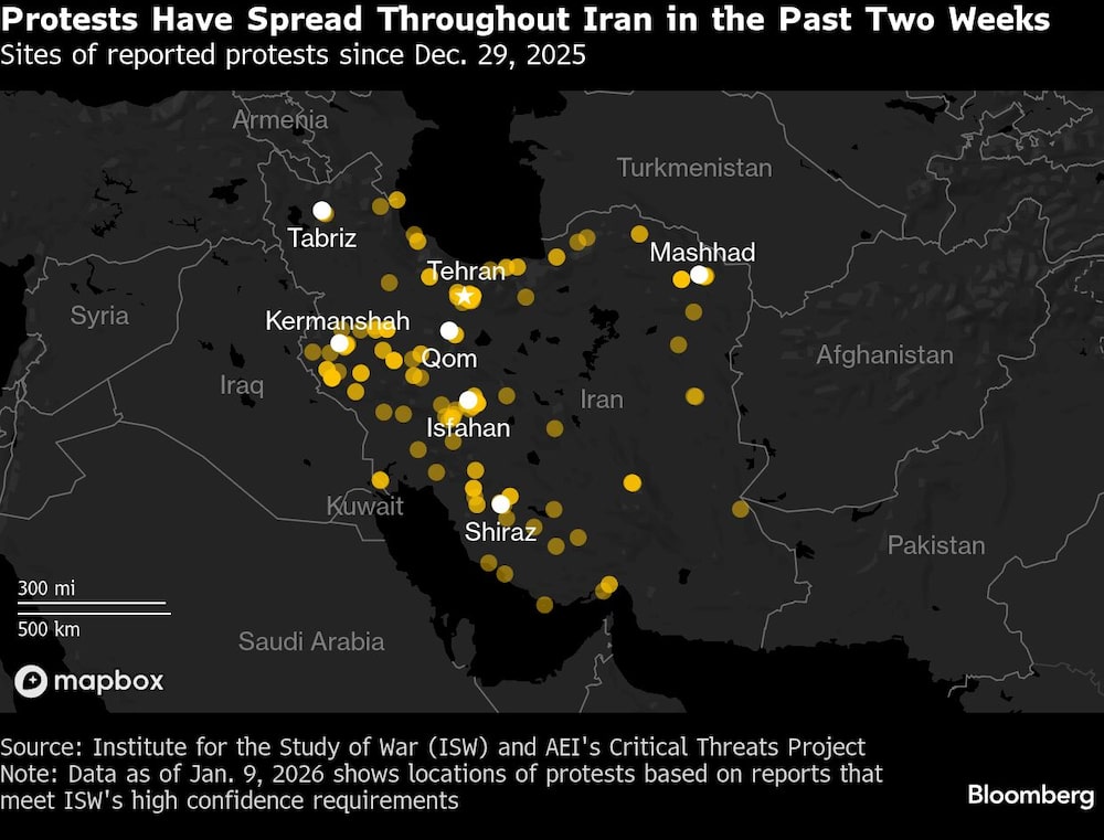 Las protestas se han extendido por todo Irán en las últimas dos semanas | Lugares de protestas reportadas desde el 29 de diciembre de 2025 Las protestas se han extendido por todo Irán en las últimas dos semanas | Lugares de protestas reportadas desde el 29 de diciembre de 2025