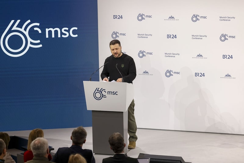 Volodymyr Zelenskiy, Ukraine's president, speaks on day two of the Munich Security Conference in Munich, Germany, on Saturday, Feb. 17, 2024. The 60th Munich Security Conference runs through Feb. 18, at a time Russia's invasion of Ukraine is soon to reach a third year. Volodymyr Zelenskiy, Ukraine's president, speaks on day two of the Munich Security Conference in Munich, Germany, on Saturday, Feb. 17, 2024. The 60th Munich Security Conference runs through Feb. 18, at a time Russia's invasion of Ukraine is soon to reach a third year.