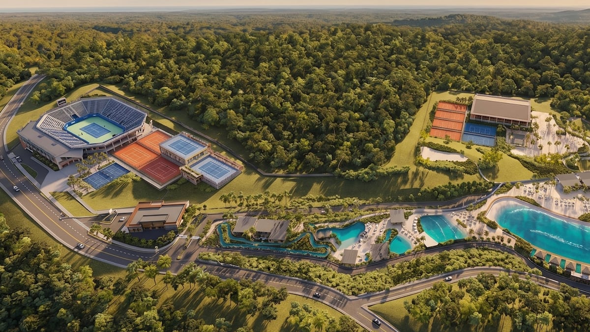 Perspectiva do Reserva Beach Club, em 169 mil metros quadrados na divisa entre Barueri e Santana de Parnaíba: à esquerda, a arena de tênis do Galacticos House, com capacidade para 3.500 pessoas e até 6.000 em época de campeonato; à direita, a piscina de ondas com tecnologia Surf Loch, o rio de correntes e o parque aquático. (Divulgação/BR Soho)