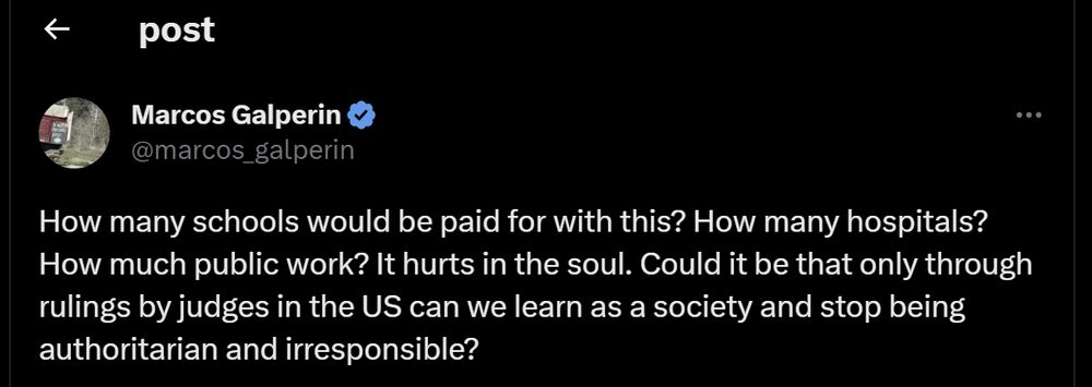 MercadoLibre CEO Marcos Galperin reacted to the news of the ruling against Argentina on Twitter. Note: Tweet originally posted in Spanish. MercadoLibre CEO Marcos Galperin reacted to the news of the ruling against Argentina on Twitter. Note: Tweet originally posted in Spanish.