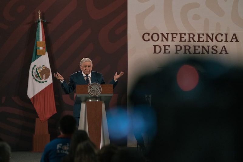 Andres Manuel Lopez Obrador, Mexico's president, speaks during a news conference at the National Palace in Mexico City, Mexico, on Tuesday, May 30, 2023. Last week, Obrador expropriated privately-owned land in the state of Mexico to build commuter train stations, fueling an already tense political climate just three days after he ordered the seizure of part of a rail line owned by billionaire German Larrea's Grupo Mexico SAB. Photographer: Luis Antonio Rojas/Bloomberg Andres Manuel Lopez Obrador, Mexico's president, speaks during a news conference at the National Palace in Mexico City, Mexico, on Tuesday, May 30, 2023. Last week, Obrador expropriated privately-owned land in the state of Mexico to build commuter train stations, fueling an already tense political climate just three days after he ordered the seizure of part of a rail line owned by billionaire German Larrea's Grupo Mexico SAB. Photographer: Luis Antonio Rojas/Bloomberg