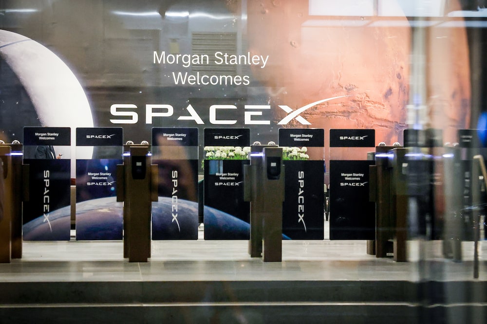 SpaceX signage at the Morgan Stanley headquarters in Times Square in New York, US, on Wednesday, June 3, 2026. Goldman Sachs Group Inc. and Morgan Stanley are co-lead on the SpaceX IPO, with Morgan Stanley noting their listing is in alphabetical order. Photographer: Kena Betancur/Bloomberg SpaceX signage at the Morgan Stanley headquarters in Times Square in New York, US, on Wednesday, June 3, 2026. Goldman Sachs Group Inc. and Morgan Stanley are co-lead on the SpaceX IPO, with Morgan Stanley noting their listing is in alphabetical order. Photographer: Kena Betancur/Bloomberg