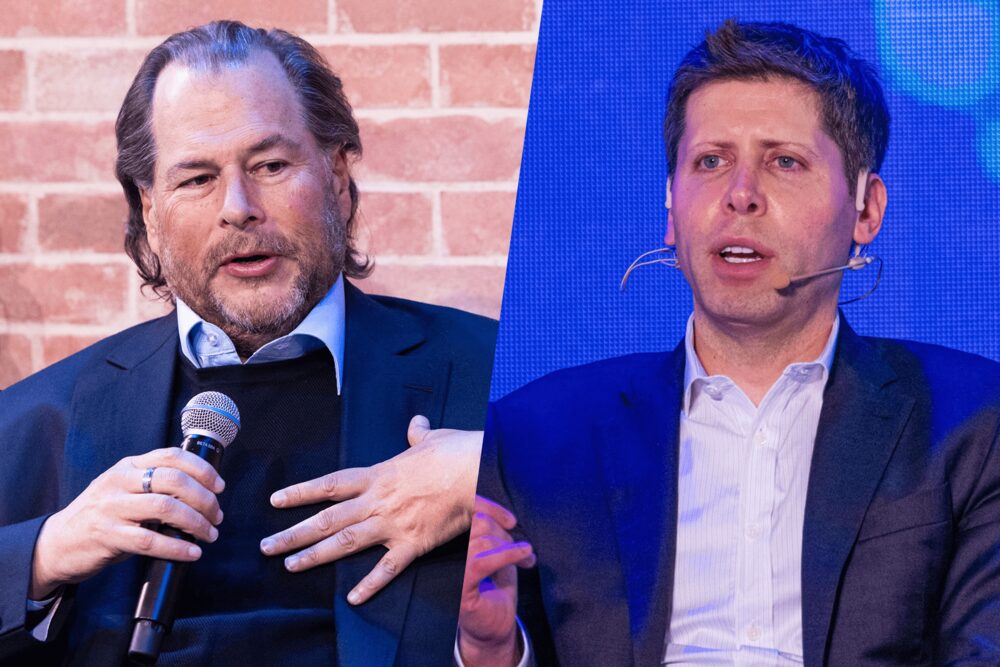 Marc Benioff (à esquerda), CEO da Salesforce e dono da Time magazine, e Sam Altman, fundador e CEO da OpenAI (Foto: montagem Bloomberg Línea em fotos de Chris Ratcliffe/Bloomberg e Annabelle Chih/Bloomberg) Marc Benioff (à esquerda), CEO da Salesforce e dono da Time magazine, e Sam Altman, fundador e CEO da OpenAI (Foto: montagem Bloomberg Línea em fotos de Chris Ratcliffe/Bloomberg e Annabelle Chih/Bloomberg)