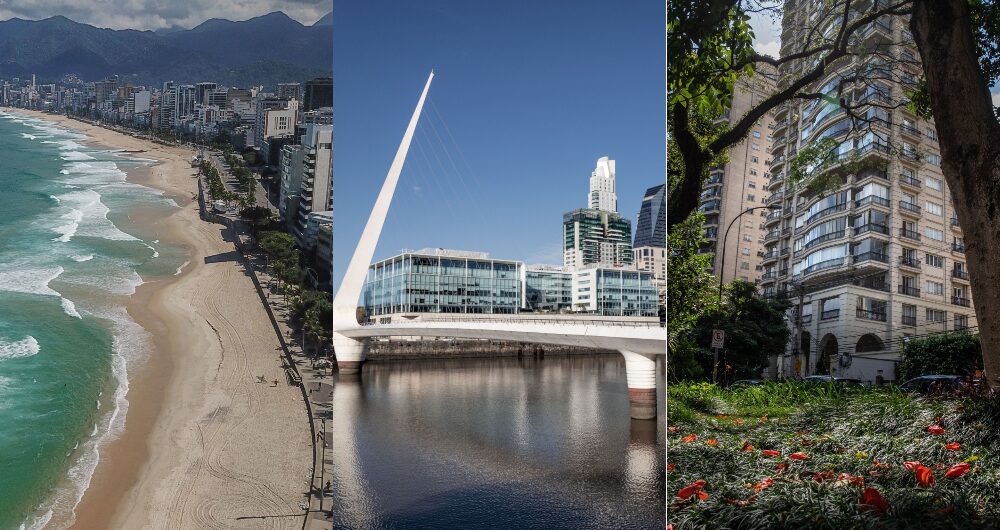 Da esquerda para a direita, os bairros de Ipanema (Rio de Janeiro), Puerto Madero (Buenos Aires) e Vila Nova Conceição (São Paulo) Da esquerda para a direita, os bairros de Ipanema (Rio de Janeiro), Puerto Madero (Buenos Aires) e Vila Nova Conceição (São Paulo)