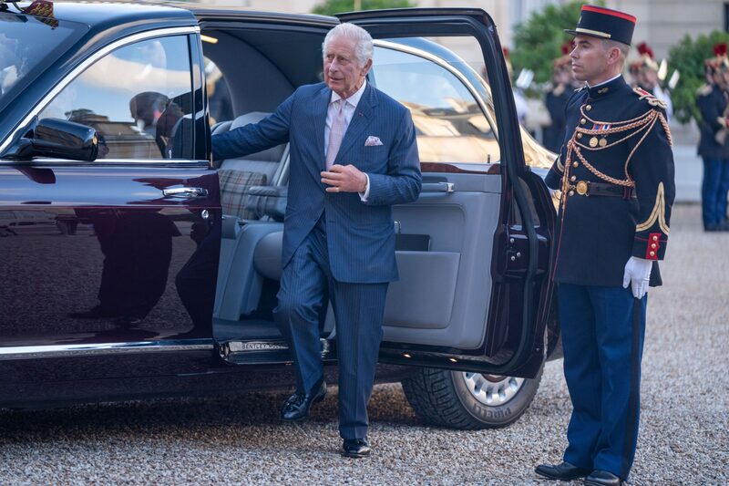 King Charles III arrives by car at the Elysee Palace during a royal state visit in central Paris, France, on Thursday, Sept. 21, 2023. King Charles III arrives by car at the Elysee Palace during a royal state visit in central Paris, France, on Thursday, Sept. 21, 2023.