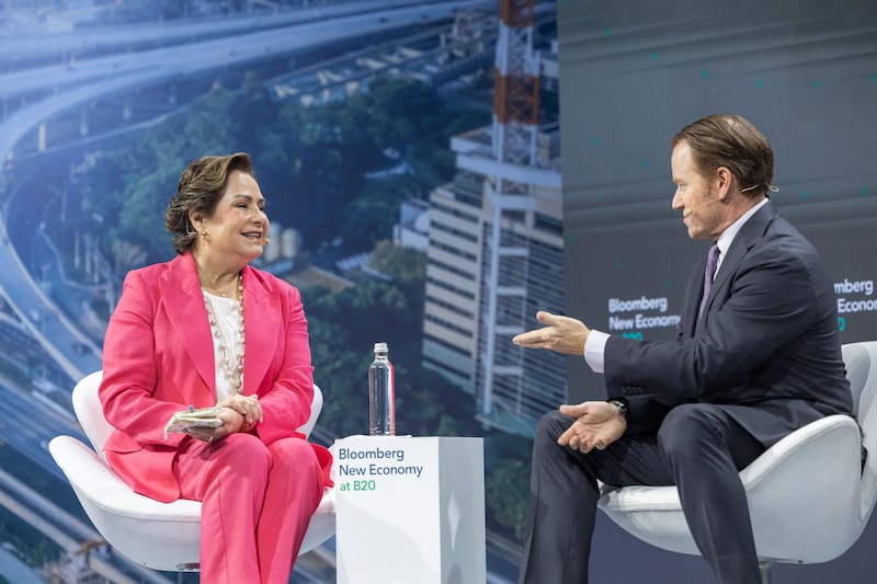 Patricia Espinosa, founding partner and chief executive officer of onepoint5, left, and Marc Ganzi, chief executive officer of DigitalBridge Group Inc., during the Bloomberg New Economy at the B20 in Sao Paulo, Brazil, on Wednesday, Oct. 23, 2024. Amid growing tension over trade barriers, environmental upheaval and global security, this special event will complement the annual Business 20 (B20) gathering by convening New Economy's exceptional community of leaders from the public and private sectors to tackle the most urgent challenges. Photographer: Tuane Fernandes/Bloomberg Patricia Espinosa, founding partner and chief executive officer of onepoint5, left, and Marc Ganzi, chief executive officer of DigitalBridge Group Inc., during the Bloomberg New Economy at the B20 in Sao Paulo, Brazil, on Wednesday, Oct. 23, 2024. Amid growing tension over trade barriers, environmental upheaval and global security, this special event will complement the annual Business 20 (B20) gathering by convening New Economy's exceptional community of leaders from the public and private sectors to tackle the most urgent challenges. Photographer: Tuane Fernandes/Bloomberg