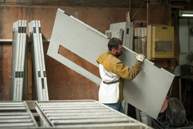 Un trabajador transporta una puerta metálica durante el proceso de producción en una planta de fabricación de Sacramento, California. Un trabajador transporta una puerta metálica durante el proceso de producción en una planta de fabricación de Sacramento, California.