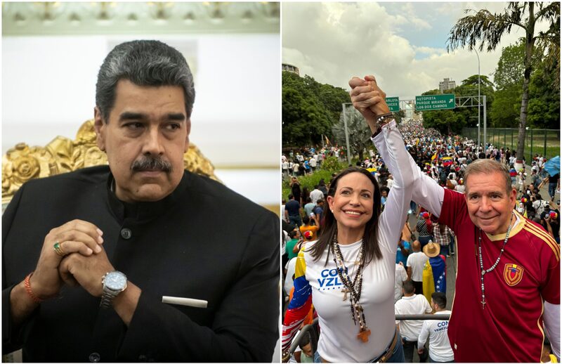Nicolás Maduro y dos miembros de la oposición, la exdiputada María Corina Machada y el candidato a la presidencia Edmundo González. Nicolás Maduro y dos miembros de la oposición, la exdiputada María Corina Machada y el candidato a la presidencia Edmundo González.