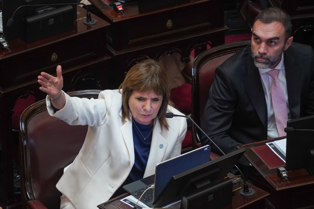 Patricia Bullrich, do partido libertário governista, fala durante o debate no Senado sobre a lei das geleiras em Buenos Aires, em 26 de fevereiro. (Foto: Pablo E. Piovano/Bloomberg) Patricia Bullrich, do partido libertário governista, fala durante o debate no Senado sobre a lei das geleiras em Buenos Aires, em 26 de fevereiro. (Foto: Pablo E. Piovano/Bloomberg)