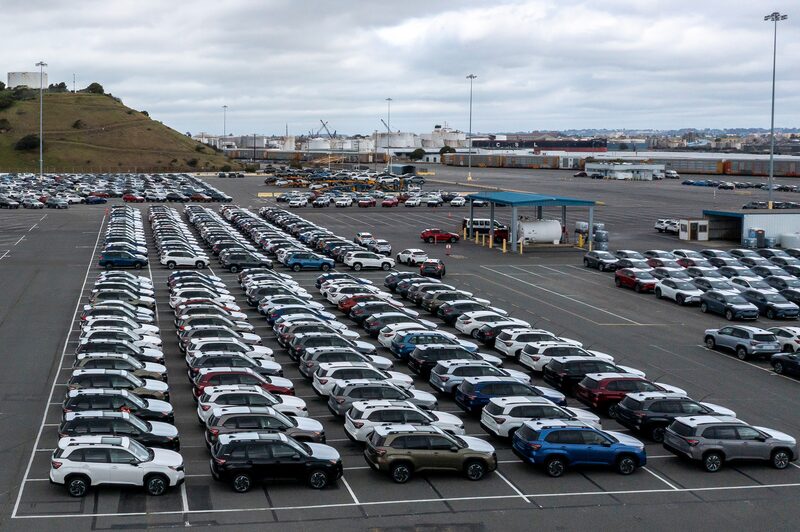 New Subaru vehicles in a storage lot at Auto Warehouse Co. in Richmond, California, US, on Wednesday, March 26, 2025. President Donald Trump said he will be implementing a 25% tariff on auto imports, expanding a trade war designed to bring more manufacturing jobs to the US and setting the stage for an even broader push on levies next week. Photographer: David Paul Morris/Bloomberg New Subaru vehicles in a storage lot at Auto Warehouse Co. in Richmond, California, US, on Wednesday, March 26, 2025. President Donald Trump said he will be implementing a 25% tariff on auto imports, expanding a trade war designed to bring more manufacturing jobs to the US and setting the stage for an even broader push on levies next week. Photographer: David Paul Morris/Bloomberg