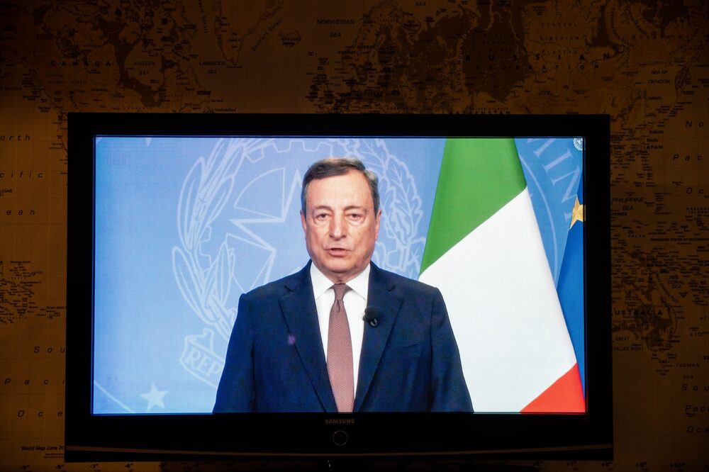 Mario Draghi, primer ministro de Italia, habla durante la Asamblea General de las Naciones Unidas a través de una transmisión en directo en Nueva York, Estados Unidos, el jueves 23 de septiembre de 2021. Fotógrafo: Michael Nagle/Bloomberg Mario Draghi, primer ministro de Italia, habla durante la Asamblea General de las Naciones Unidas a través de una transmisión en directo en Nueva York, Estados Unidos, el jueves 23 de septiembre de 2021. Fotógrafo: Michael Nagle/Bloomberg