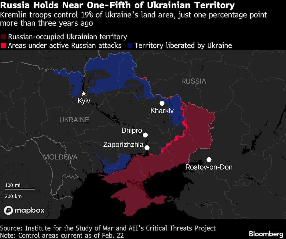 Las tropas del Kremlin controlan el 19% de la superficie terrestre de Ucrania, solo un punto porcentual más que hace tres años. Las tropas del Kremlin controlan el 19% de la superficie terrestre de Ucrania, solo un punto porcentual más que hace tres años.