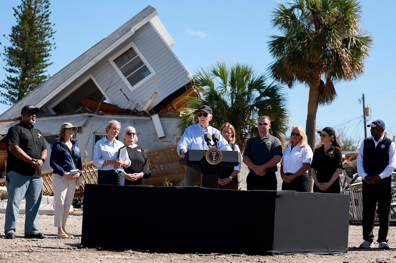 ST PETE BEACH, FLORIDA - OCTOBER 13: U.S. President Joe Biden speaks to the media after a tour of the damage caused by Hurricane Milton on October 13, 2024 in St Pete Beach, Florida. Biden visited the area as it deals with back-to-back hurricanes that have caused extensive damage. (Photo by Joe Raedle/Getty Images) ST PETE BEACH, FLORIDA - OCTOBER 13: U.S. President Joe Biden speaks to the media after a tour of the damage caused by Hurricane Milton on October 13, 2024 in St Pete Beach, Florida. Biden visited the area as it deals with back-to-back hurricanes that have caused extensive damage. (Photo by Joe Raedle/Getty Images)