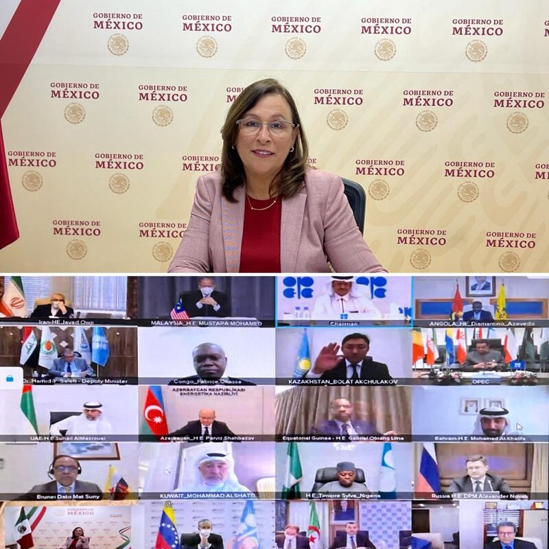 La titular de la Secretaría de Energía (Sener), Rocío Nahle García, durante una reunión virtual con los miembros de la Organización de Países Exportadores de Petróleo y Aliados (OPEP+) durante marzo de 2022. (Imagen: Sener). La titular de la Secretaría de Energía (Sener), Rocío Nahle García, durante una reunión virtual con los miembros de la Organización de Países Exportadores de Petróleo y Aliados (OPEP+) durante marzo de 2022. (Imagen: Sener).