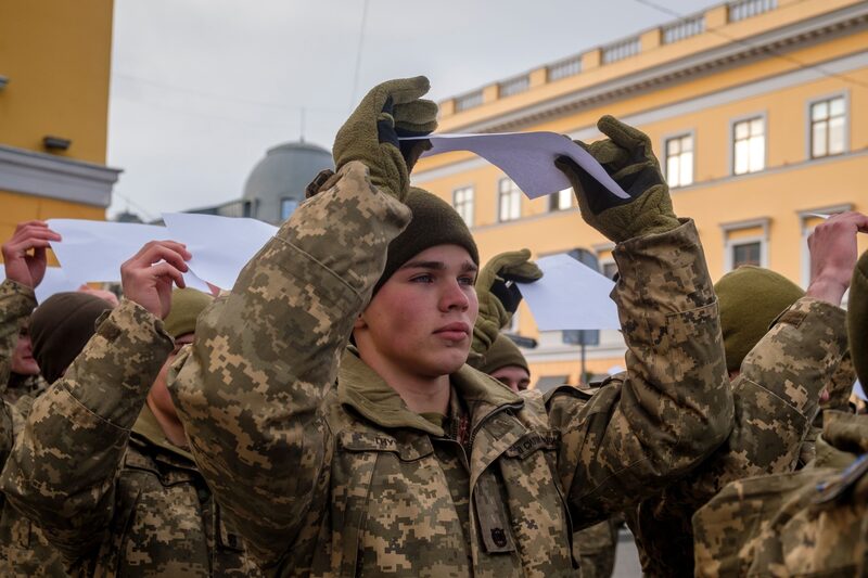 Ukrainian soldiers attend a rally in Odessa, Ukraine, on Jan. 22. Ukrainian soldiers attend a rally in Odessa, Ukraine, on Jan. 22.