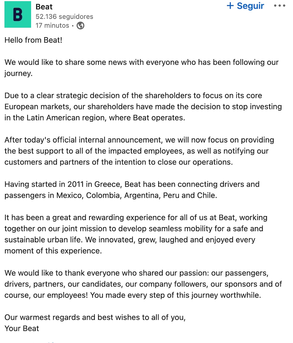 Beat announced the closure of its operations in Argentina, Mexico and Peru on its LinkedIn profile. Beat announced the closure of its operations in Argentina, Mexico and Peru on its LinkedIn profile.