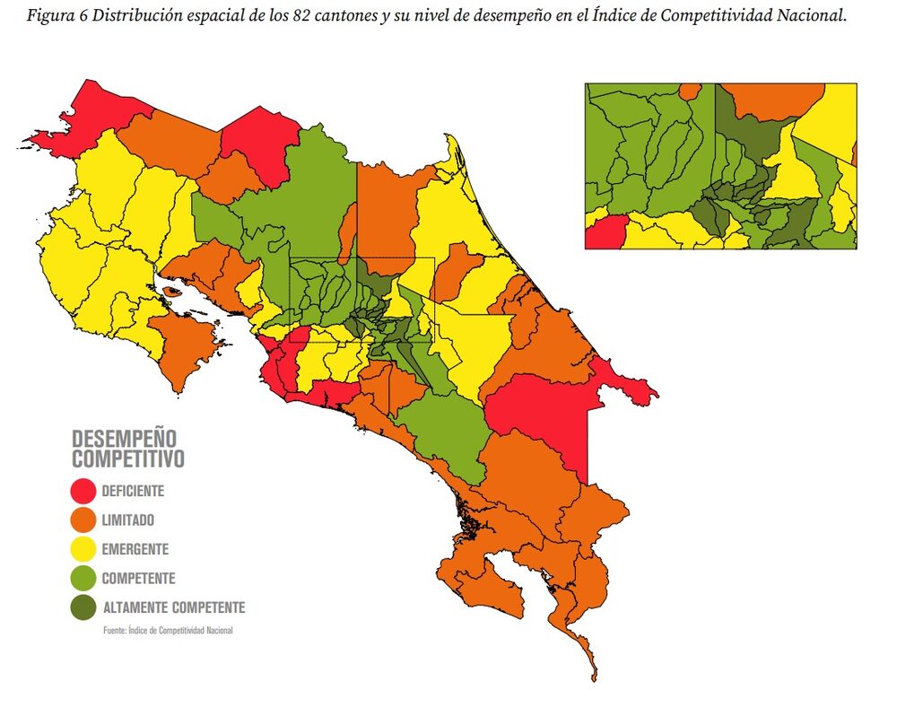 Distribución espacial de los 82 cantones y su nivel de desempeño en el Índice de Competitividad Nacional. Distribución espacial de los 82 cantones y su nivel de desempeño en el Índice de Competitividad Nacional.
