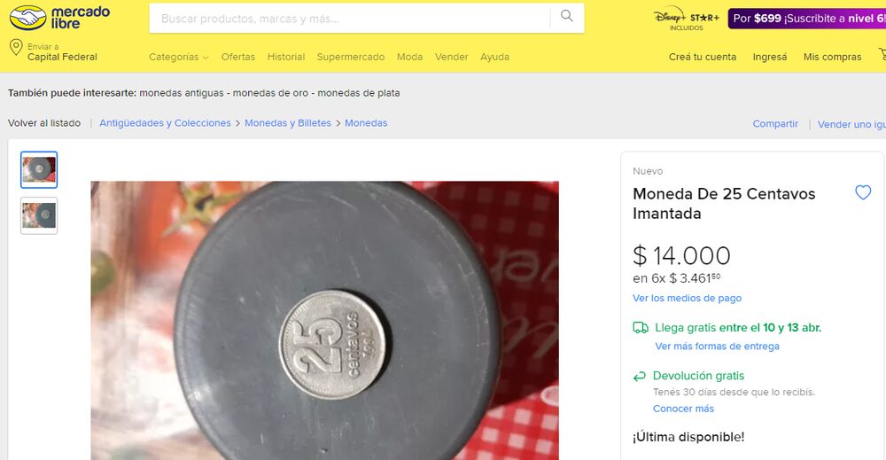 Publicación en MercadoLibre que ofrece monedas de 25 centavos Publicación en MercadoLibre que ofrece monedas de 25 centavos