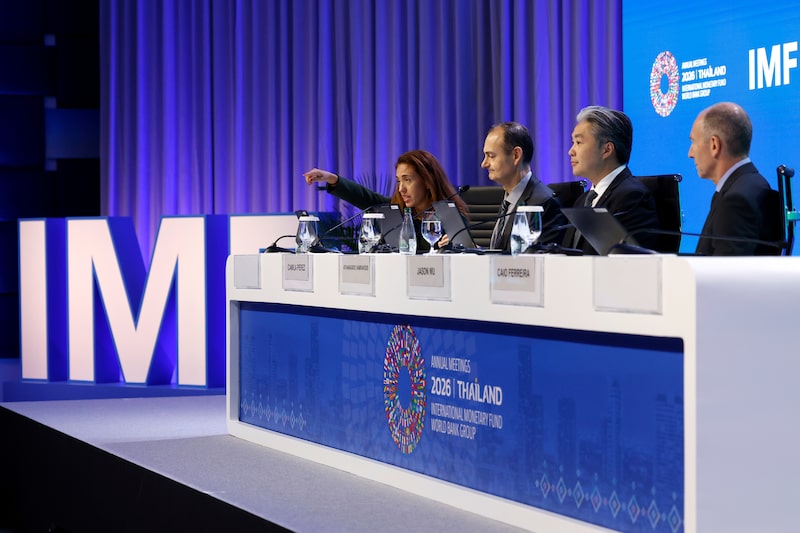 IMF Senior Communications Officer Camilla Pérez, Monetary and Capital Markets Department Deputy Director Athanasios Vamvakidis, Assistant Director Jason Wu, and Deputy Division Chief Caio Ferreira brief the press on the Global Financial Stability Report during the 2026 Annual Meetings of the International Monetary Fund and the World Bank Group in Bangkok, Thailand, on October 13, 2026. IMF Senior Communications Officer Camilla Pérez, Monetary and Capital Markets Department Deputy Director Athanasios Vamvakidis, Assistant Director Jason Wu, and Deputy Division Chief Caio Ferreira brief the press on the Global Financial Stability Report during the 2026 Annual Meetings of the International Monetary Fund and the World Bank Group in Bangkok, Thailand, on October 13, 2026.