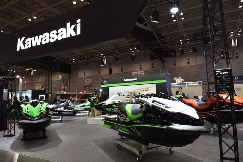 A Kawasaki Motors Japan Co. jet Ultra 310R jet ski, front middle, stands on display with other jet skis at the Japan International Boat Show in Yokohama A Kawasaki Motors Japan Co. jet Ultra 310R jet ski, front middle, stands on display with other jet skis at the Japan International Boat Show in Yokohama