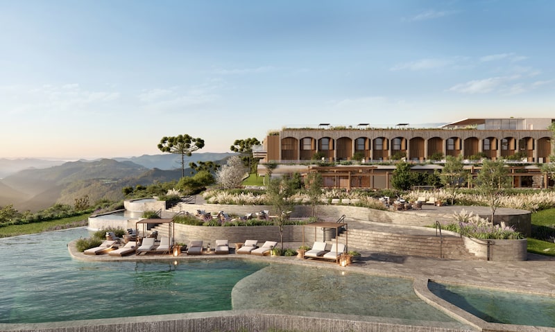Projeção da área da piscina do Kempinski Laje de Pedra, em Canela, na Serra Gaúcha: depois das enchentes de 2024, o projeto passou a prever vidro triplo nas janelas mais expostas e paisagismo para conter o vento Projeção da área da piscina do Kempinski Laje de Pedra, em Canela, na Serra Gaúcha: depois das enchentes de 2024, o projeto passou a prever vidro triplo nas janelas mais expostas e paisagismo para conter o vento