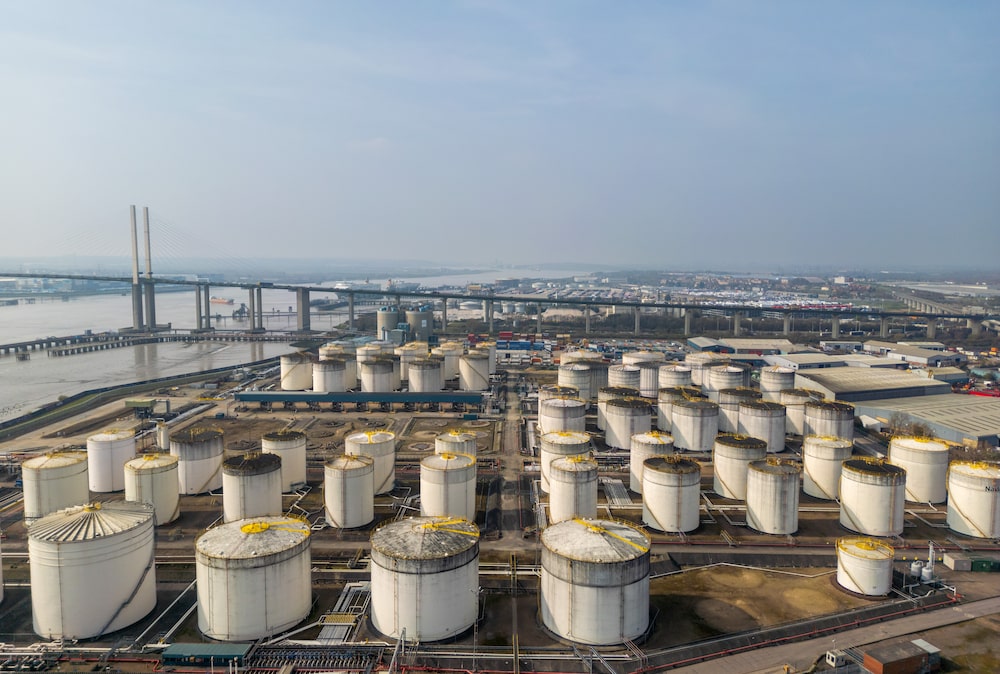 Storage tanks for transport fuels and petroleum products at the Navigator Thames oil depot terminal on the outskirts of London, UK, on Monday, March 23, 2026. Brent crude plunged from $112 a barrel to as low as about $96 a barrel as US President Donald Trump signaled negotiations were underway even as Iran denied the talks. Photographer: Jason Alden/Bloomberg Storage tanks for transport fuels and petroleum products at the Navigator Thames oil depot terminal on the outskirts of London, UK, on Monday, March 23, 2026. Brent crude plunged from $112 a barrel to as low as about $96 a barrel as US President Donald Trump signaled negotiations were underway even as Iran denied the talks. Photographer: Jason Alden/Bloomberg