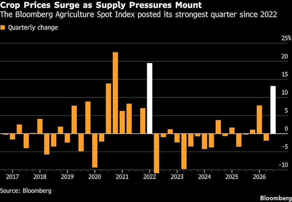 Crop Prices Surge as Supply Pressures Mount | The Bloomberg Agriculture Spot Index posted its strongest quarter since 2022 Crop Prices Surge as Supply Pressures Mount | The Bloomberg Agriculture Spot Index posted its strongest quarter since 2022