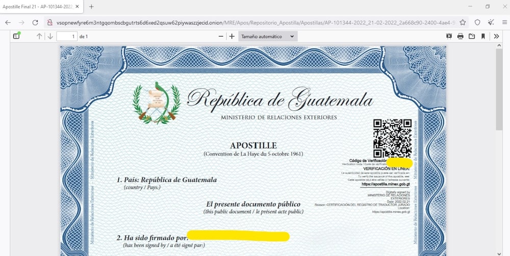Ejemplo de un documento apostillado publicado por el grupo atacante. Ejemplo de un documento apostillado publicado por el grupo atacante.